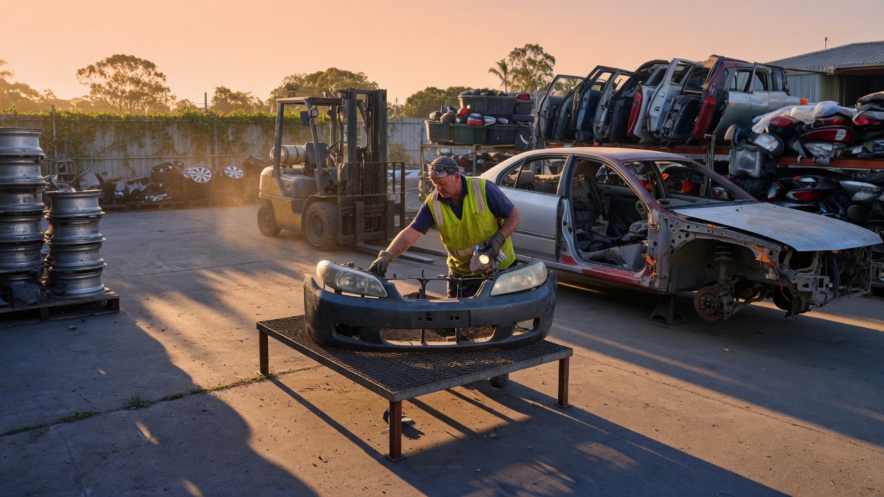 Wrecker yard worker inspecting a harvested bumper and headlamps beside a dismantled sedan at sunset