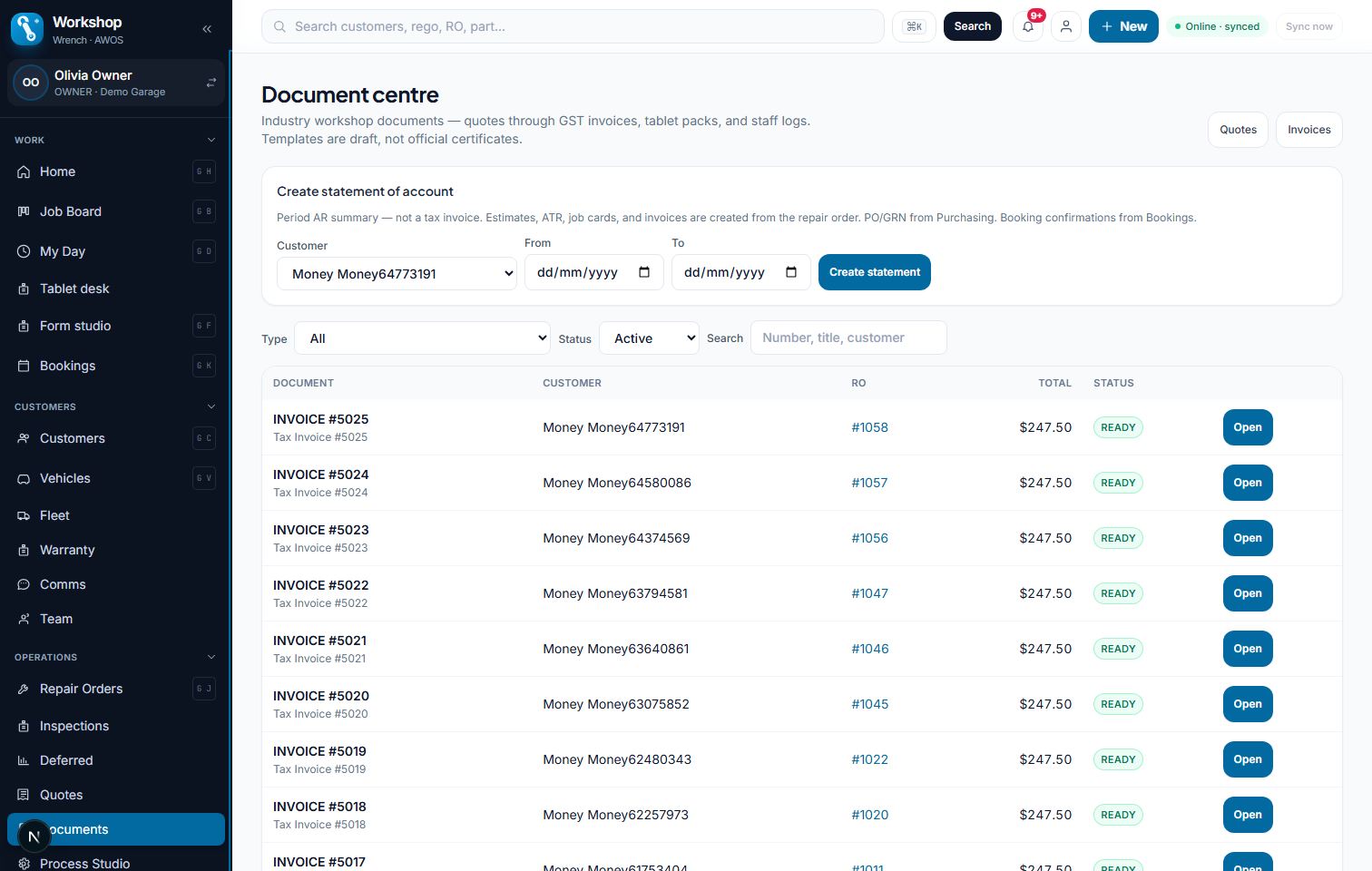 Shop documents list