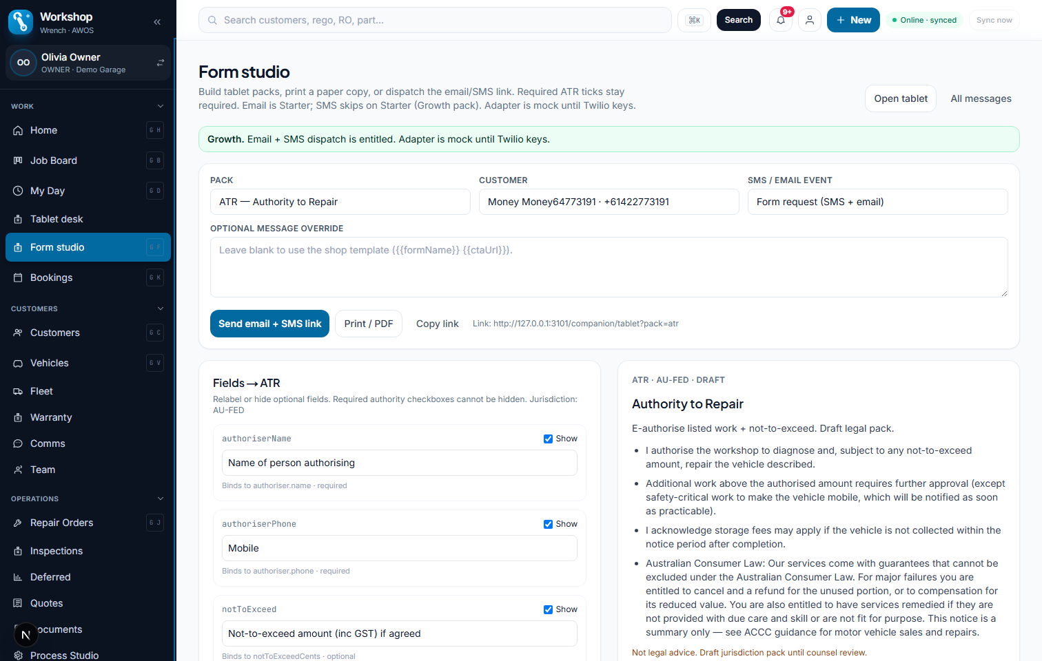 Form studio for building tablet packs and sending SMS form links