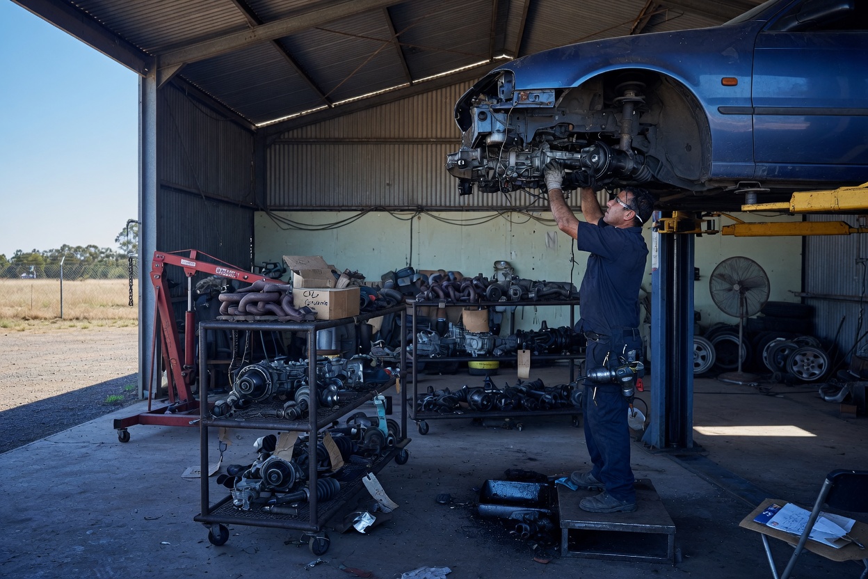 Technician harvesting a gearbox from a donor vehicle on a hoist in an open dismantling shed