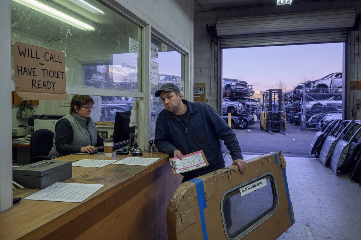 Trade driver at a will-call counter collecting a wrapped vehicle door with a pickup ticket